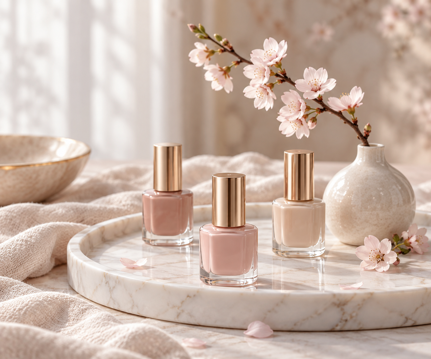 Illustrative still life of nude polish bottles and a cherry blossom branch on linen