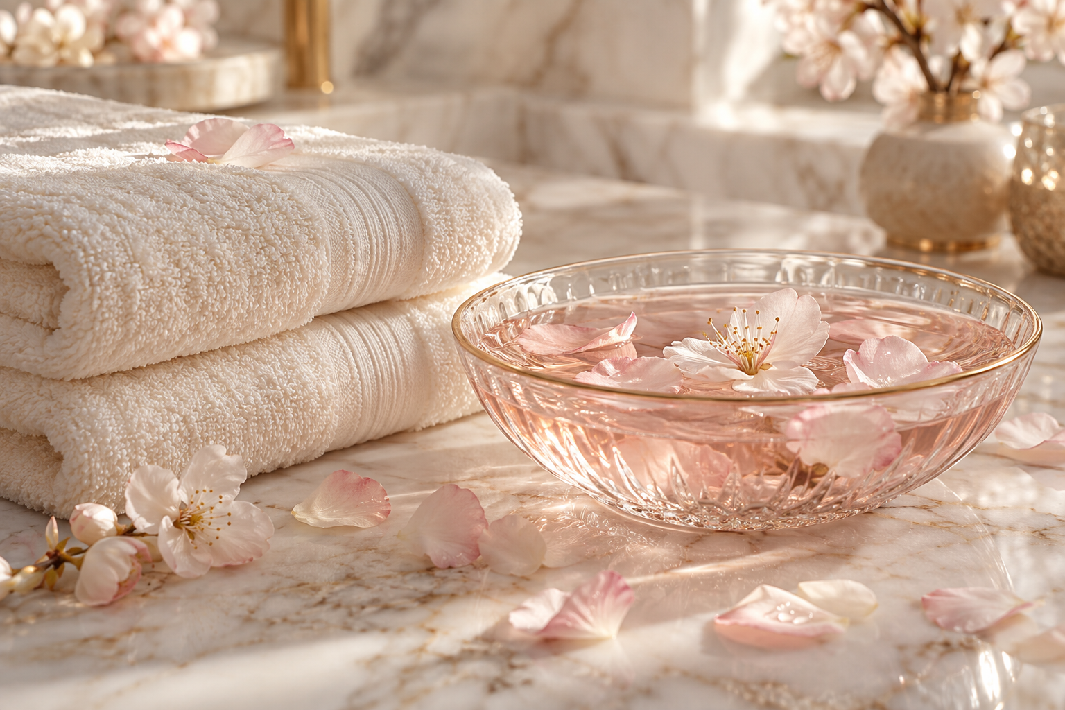 Illustrative detail of folded ivory towels and blossom petals on marble